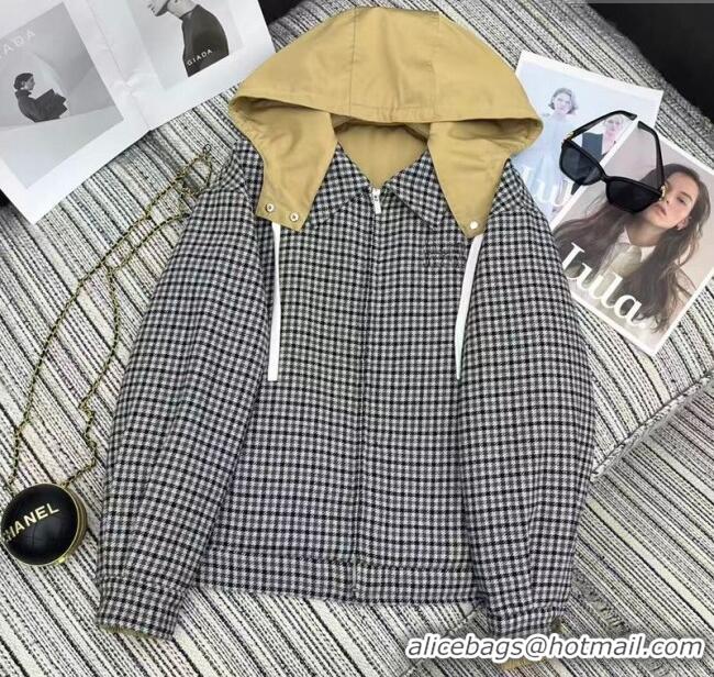 Top Quality Miu Miu Reversible Houndstooth Jacket with Hoodie MM101406 Black/Grey/White 2025