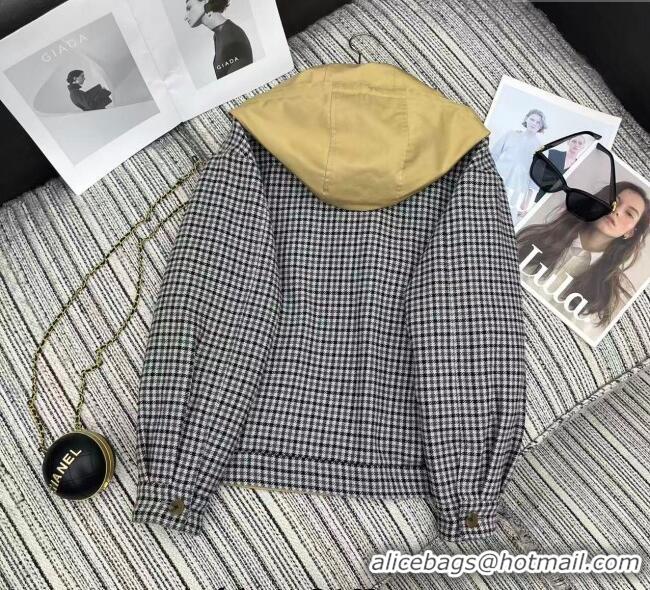 Top Quality Miu Miu Reversible Houndstooth Jacket with Hoodie MM101406 Black/Grey/White 2025