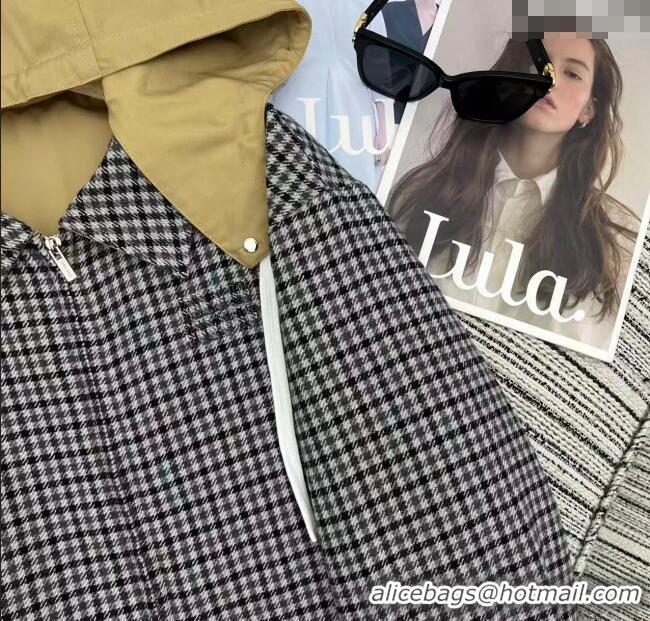 Top Quality Miu Miu Reversible Houndstooth Jacket with Hoodie MM101406 Black/Grey/White 2025