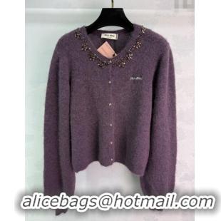 Luxury Cheap Miu Miu Wool Cardigan with Strass MM101412 Purple 2025