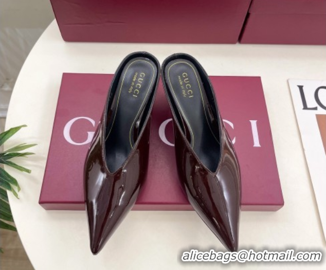 Grade Quality Gucci 97 Heeled Mules 5.5cm in Patent Leather Dark Brown 1021055