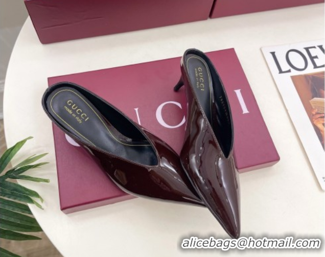 Grade Quality Gucci 97 Heeled Mules 5.5cm in Patent Leather Dark Brown 1021055