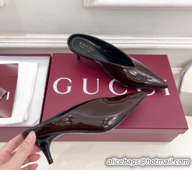 Grade Quality Gucci 97 Heeled Mules 5.5cm in Patent Leather Dark Brown 1021055
