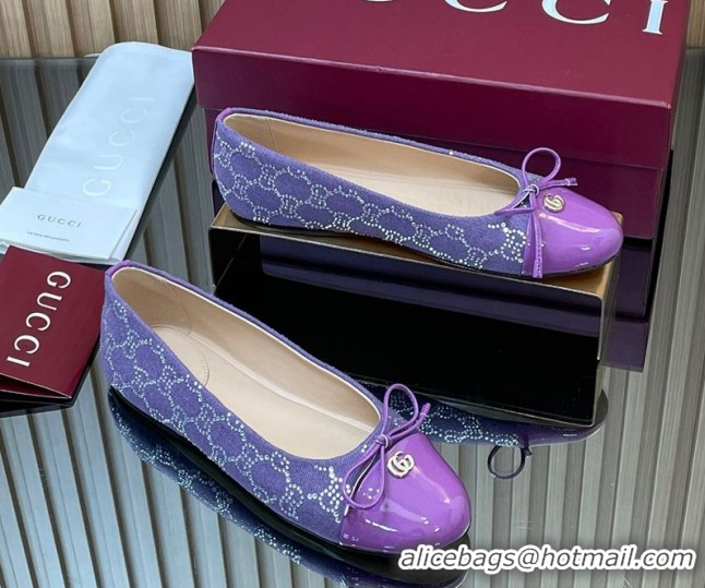 Buy Luxury Gucci GG Strass Denim and Patent Leather Ballet Flats with Double G and Bow Purple 1021059