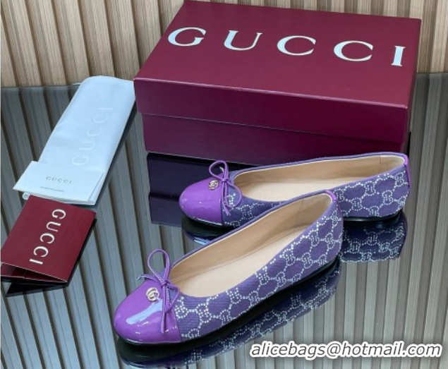 Buy Luxury Gucci GG Strass Denim and Patent Leather Ballet Flats with Double G and Bow Purple 1021059