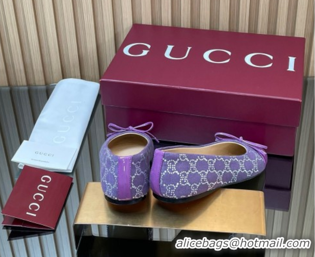 Buy Luxury Gucci GG Strass Denim and Patent Leather Ballet Flats with Double G and Bow Purple 1021059