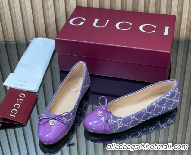 Buy Luxury Gucci GG Strass Denim and Patent Leather Ballet Flats with Double G and Bow Purple 1021059