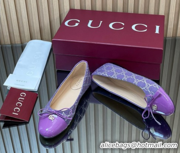 Buy Luxury Gucci GG Strass Denim and Patent Leather Ballet Flats with Double G and Bow Purple 1021059