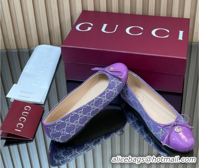 Buy Luxury Gucci GG Strass Denim and Patent Leather Ballet Flats with Double G and Bow Purple 1021059