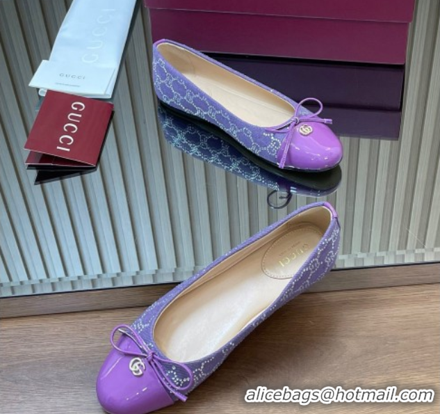 Buy Luxury Gucci GG Strass Denim and Patent Leather Ballet Flats with Double G and Bow Purple 1021059