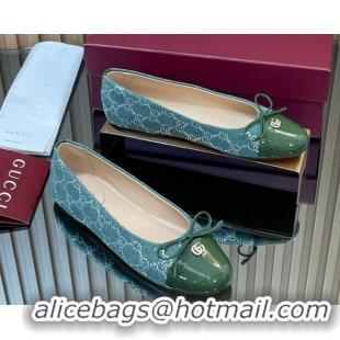Shop Cheap Gucci GG Strass Denim and Patent Leather Ballet Flats with Double G and Bow Green 1021060