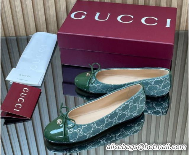 Shop Cheap Gucci GG Strass Denim and Patent Leather Ballet Flats with Double G and Bow Green 1021060