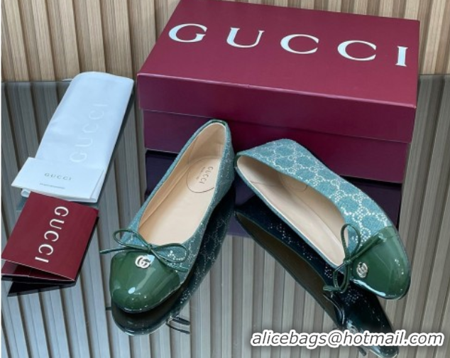 Shop Cheap Gucci GG Strass Denim and Patent Leather Ballet Flats with Double G and Bow Green 1021060