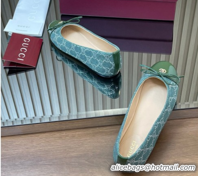 Shop Cheap Gucci GG Strass Denim and Patent Leather Ballet Flats with Double G and Bow Green 1021060