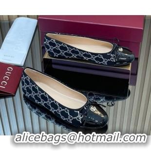 Pretty Style Gucci GG Strass Denim and Patent Leather Ballet Flats with Double G and Bow Black 1021061