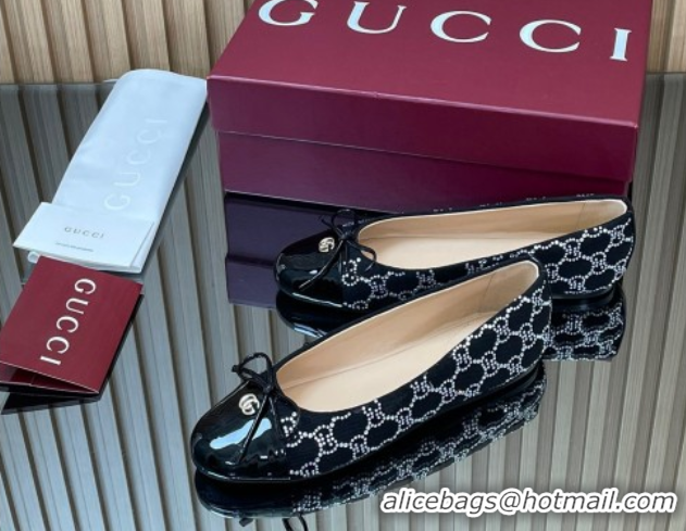 Pretty Style Gucci GG Strass Denim and Patent Leather Ballet Flats with Double G and Bow Black 1021061