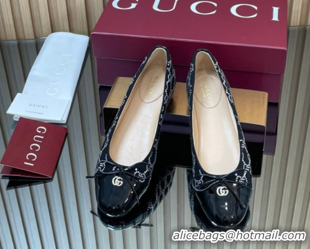 Pretty Style Gucci GG Strass Denim and Patent Leather Ballet Flats with Double G and Bow Black 1021061