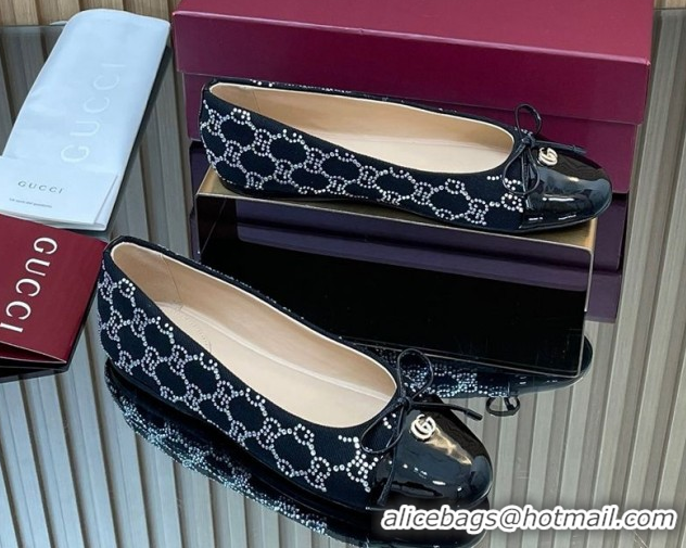 Pretty Style Gucci GG Strass Denim and Patent Leather Ballet Flats with Double G and Bow Black 1021061