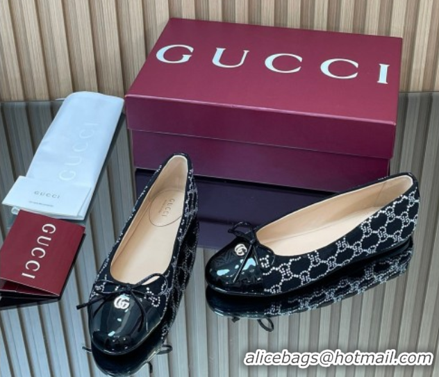 Pretty Style Gucci GG Strass Denim and Patent Leather Ballet Flats with Double G and Bow Black 1021061