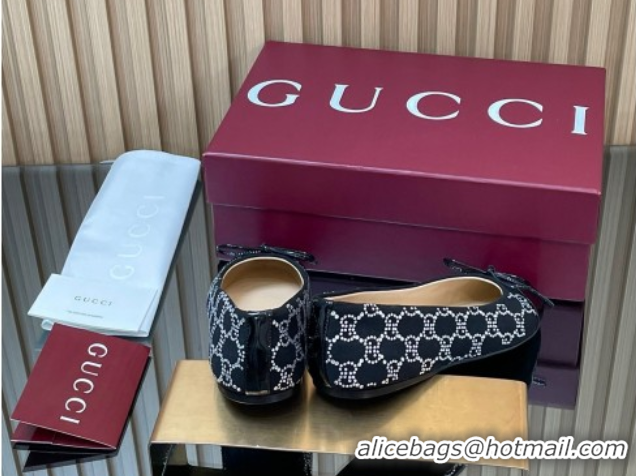 Pretty Style Gucci GG Strass Denim and Patent Leather Ballet Flats with Double G and Bow Black 1021061