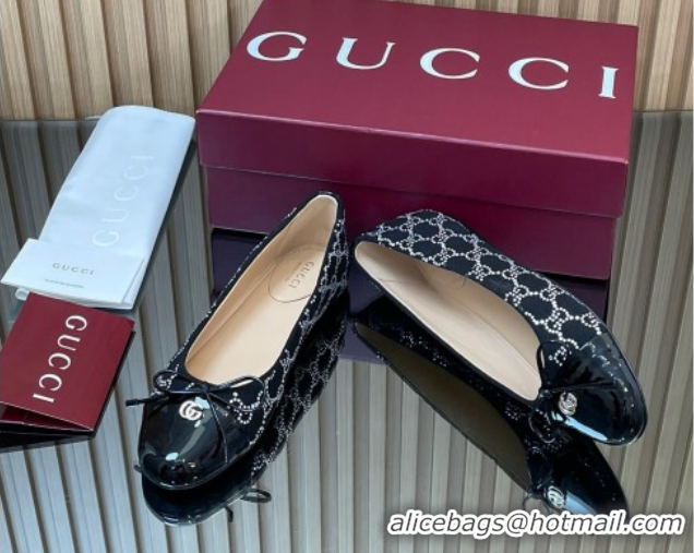 Pretty Style Gucci GG Strass Denim and Patent Leather Ballet Flats with Double G and Bow Black 1021061