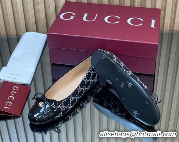 Pretty Style Gucci GG Strass Denim and Patent Leather Ballet Flats with Double G and Bow Black 1021061