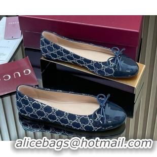 Best Price Gucci GG Strass Denim and Patent Leather Ballet Flats with Double G and Bow Dark Blue 1021062