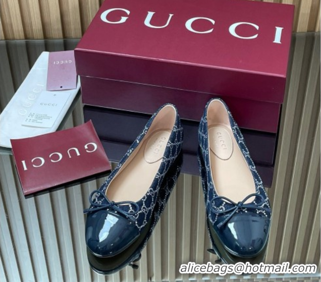 Best Price Gucci GG Strass Denim and Patent Leather Ballet Flats with Double G and Bow Dark Blue 1021062