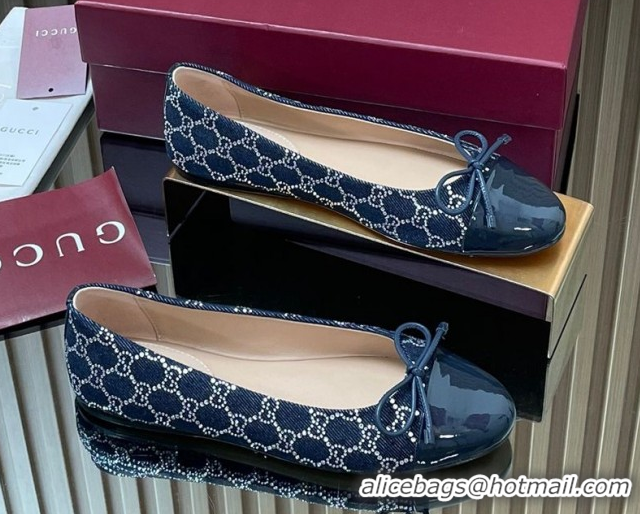Best Price Gucci GG Strass Denim and Patent Leather Ballet Flats with Double G and Bow Dark Blue 1021062