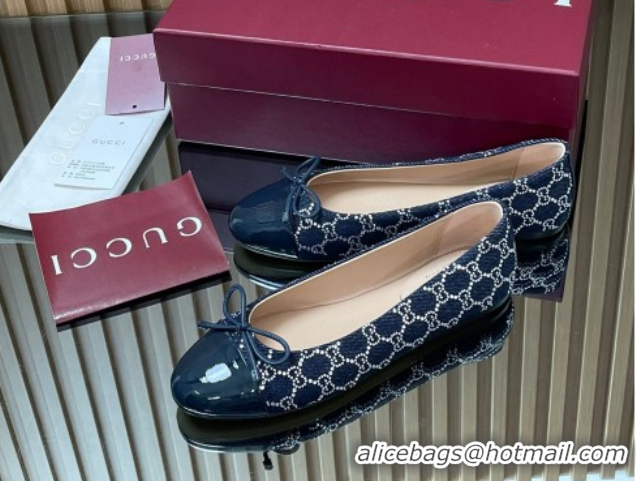 Best Price Gucci GG Strass Denim and Patent Leather Ballet Flats with Double G and Bow Dark Blue 1021062