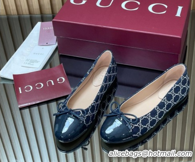 Best Price Gucci GG Strass Denim and Patent Leather Ballet Flats with Double G and Bow Dark Blue 1021062