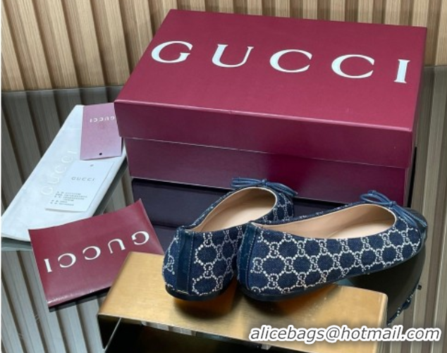 Best Price Gucci GG Strass Denim and Patent Leather Ballet Flats with Double G and Bow Dark Blue 1021062