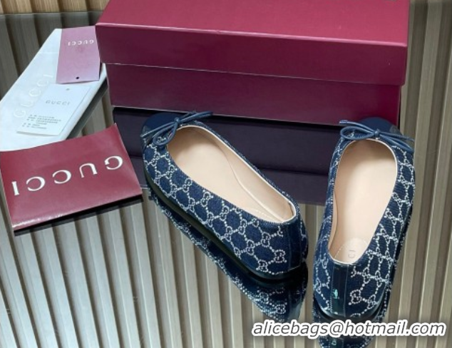 Best Price Gucci GG Strass Denim and Patent Leather Ballet Flats with Double G and Bow Dark Blue 1021062