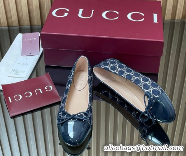 Best Price Gucci GG Strass Denim and Patent Leather Ballet Flats with Double G and Bow Dark Blue 1021062