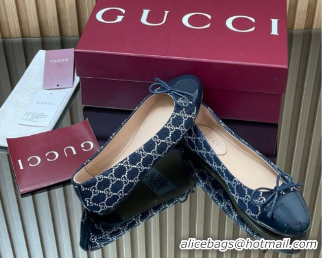 Best Price Gucci GG Strass Denim and Patent Leather Ballet Flats with Double G and Bow Dark Blue 1021062