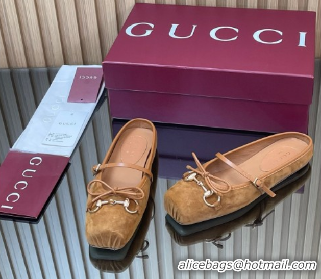 Duplicate Gucci Horsebit Flat Mules in Suede Brown 51021068