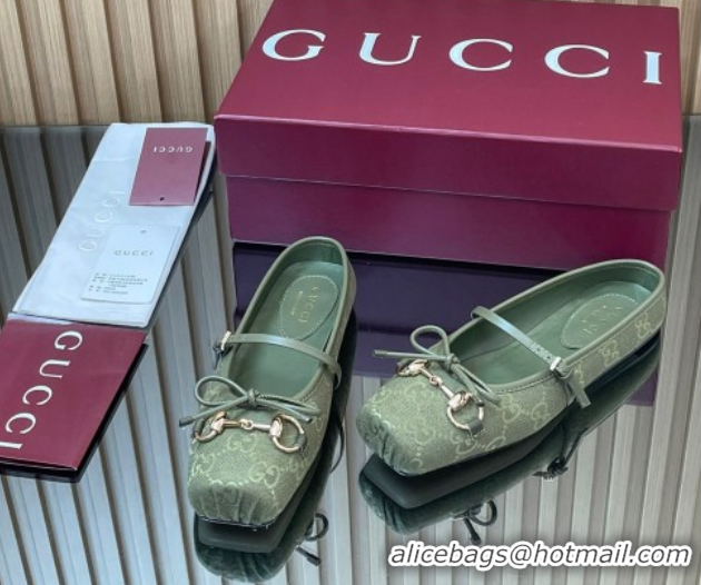 Sophisticated Gucci Horsebit Flat Mules in GG Canvas Green 1021069