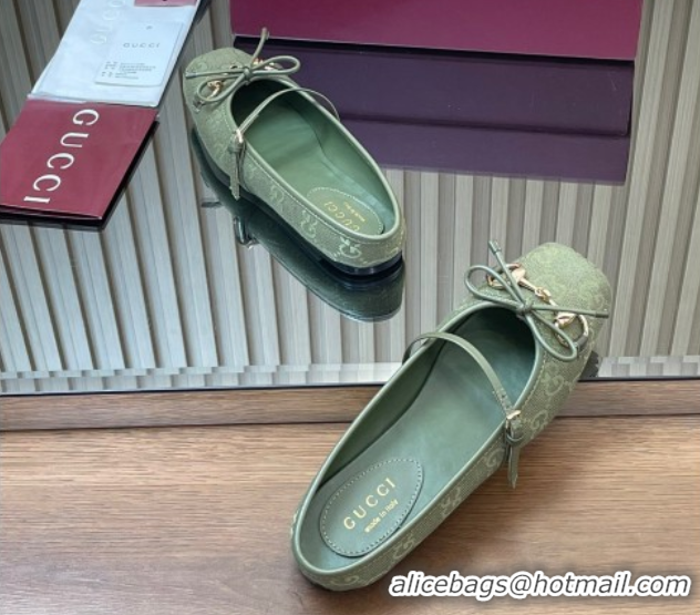 Sophisticated Gucci Horsebit Flat Mules in GG Canvas Green 1021069