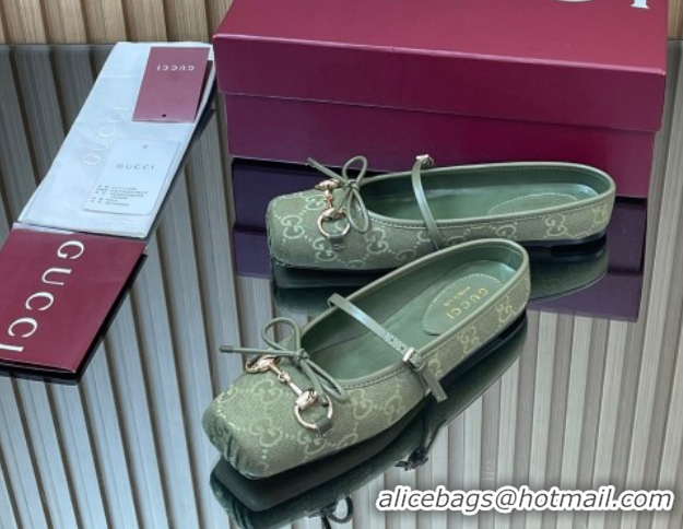 Sophisticated Gucci Horsebit Flat Mules in GG Canvas Green 1021069