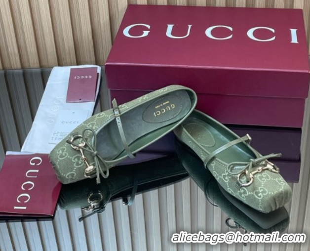 Sophisticated Gucci Horsebit Flat Mules in GG Canvas Green 1021069