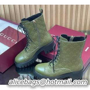 Popular Style Gucci GG Leather Lace-up Ankle Boots 6cm Green 1021071