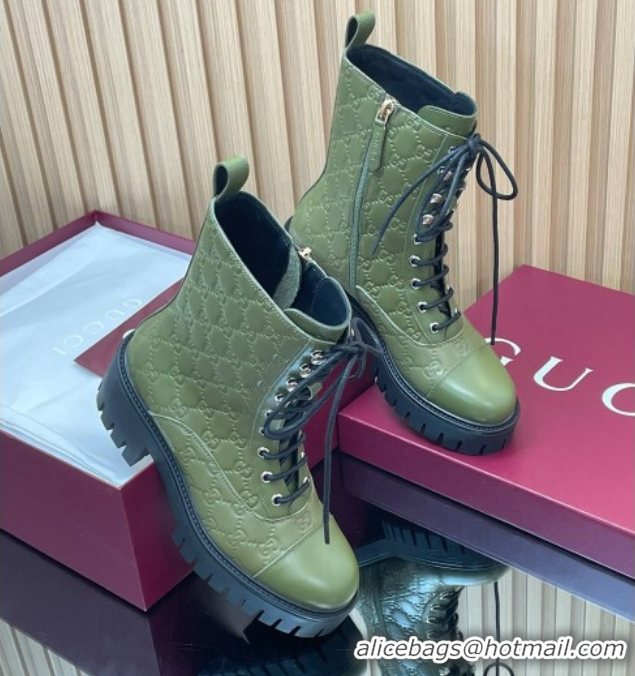 Popular Style Gucci GG Leather Lace-up Ankle Boots 6cm Green 1021071