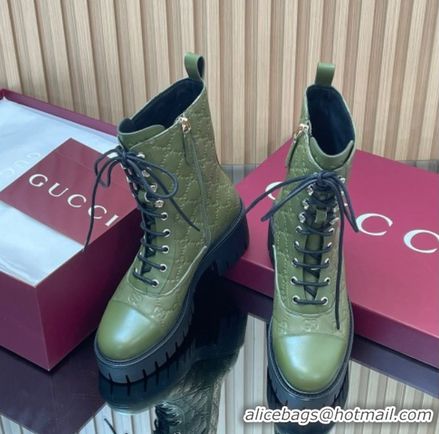 Popular Style Gucci GG Leather Lace-up Ankle Boots 6cm Green 1021071
