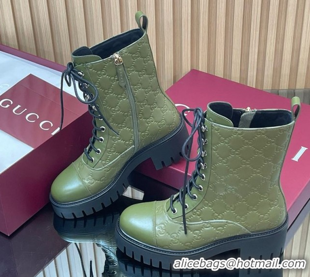 Popular Style Gucci GG Leather Lace-up Ankle Boots 6cm Green 1021071