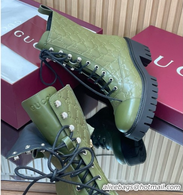Popular Style Gucci GG Leather Lace-up Ankle Boots 6cm Green 1021071