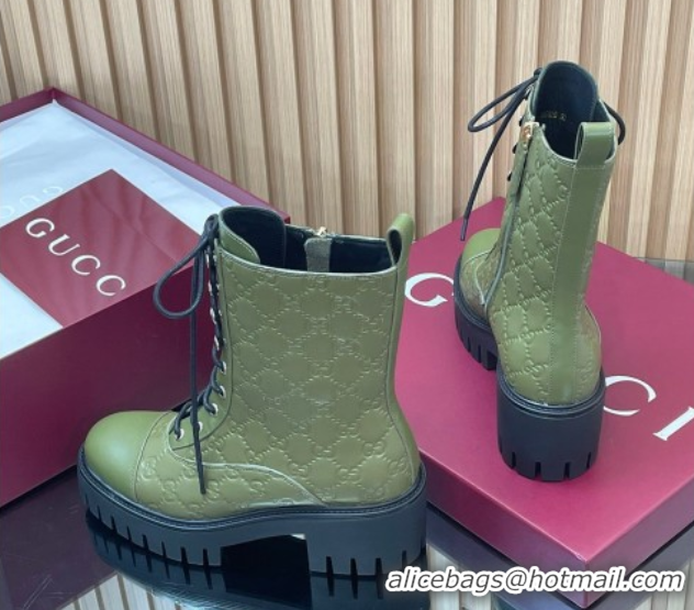 Popular Style Gucci GG Leather Lace-up Ankle Boots 6cm Green 1021071