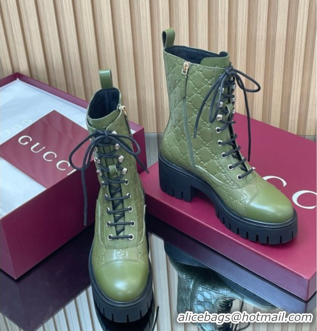 Popular Style Gucci GG Leather Lace-up Ankle Boots 6cm Green 1021071