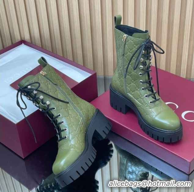 Popular Style Gucci GG Leather Lace-up Ankle Boots 6cm Green 1021071
