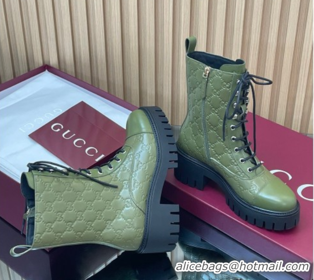 Popular Style Gucci GG Leather Lace-up Ankle Boots 6cm Green 1021071