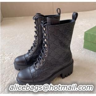 Stylish Gucci GG Leather Lace-up Ankle Boots 6cm Black 1021072